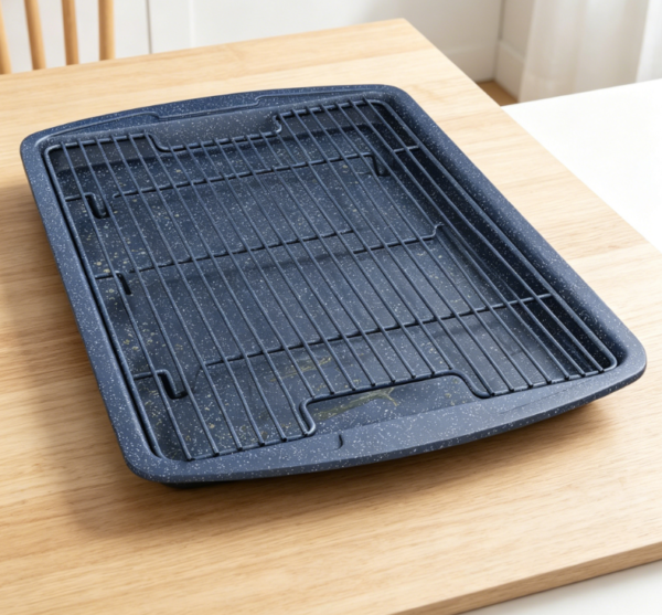 2-Piece Non-Stick Baking Pan and Cooling Rack Set – Blue marble pattern carbon steel, stackable to save space, PFOA/PFOS/PTFE free, heat resistant up to 450°F