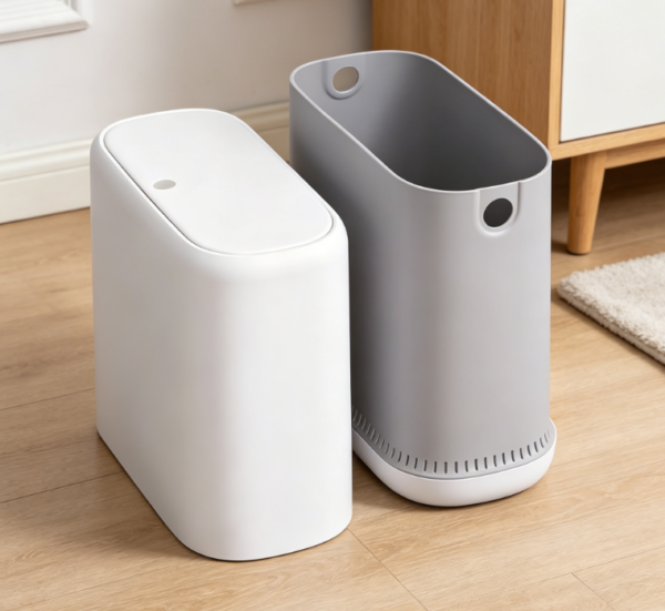 3-gallon small trash can – white, with lid, dog-proof lid opening, pneumatic trash bag expander, removable inner bin, narrow bathroom style.