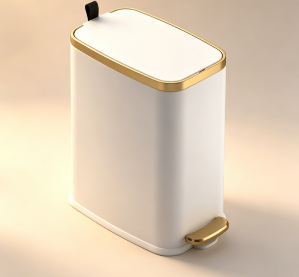1.3-gallon small trash can – stainless steel, with soft-close lid, foot pedal, slim white body, suitable for bedrooms, bathrooms, and living rooms.