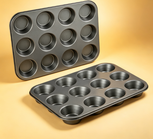 2-piece non-stick muffin pan set – 12 cup capacity, grey, even baking, easy to clean, oven safe